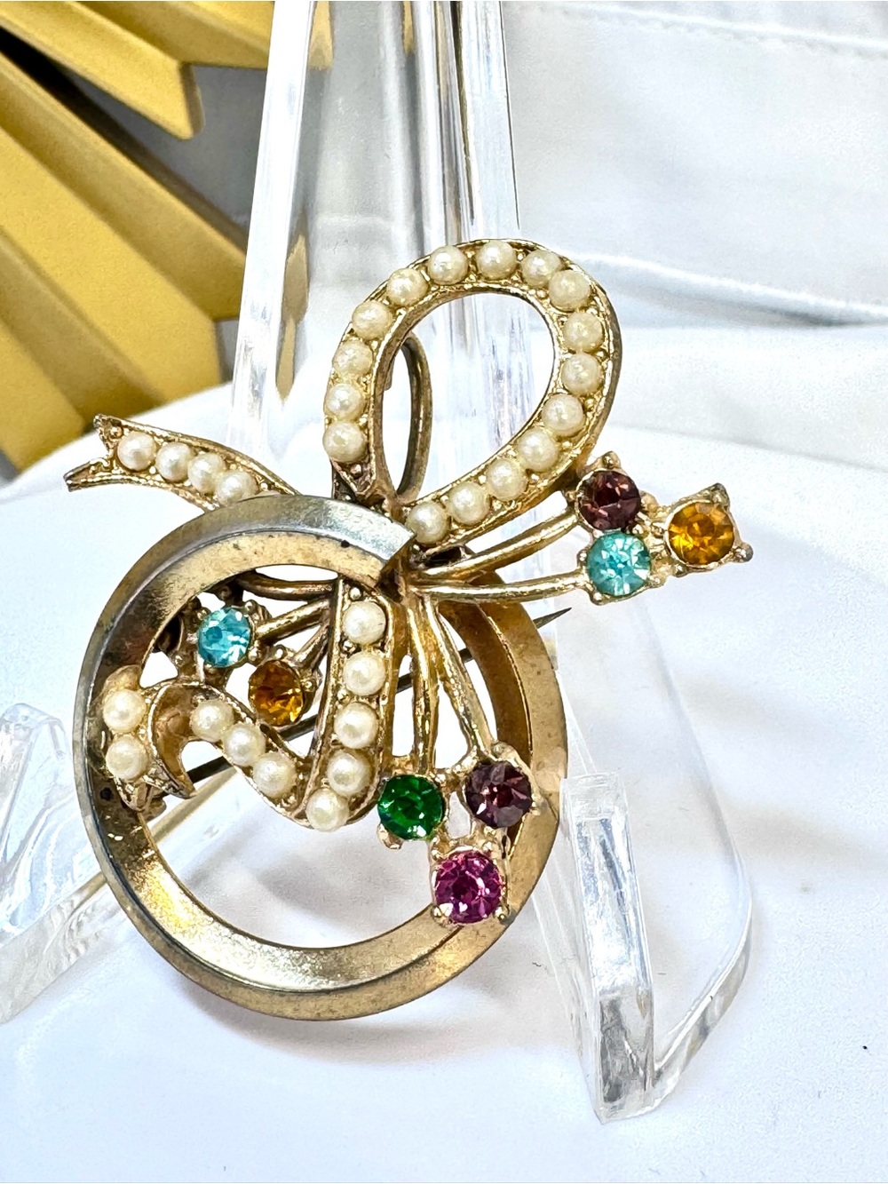 Very Old Gold-Tone Pearl & Multi-Stone Bow Brooch or Pendant